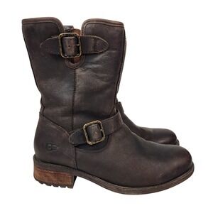 UGG Womens Chaney Brown Leather Sheepskin Lined Moto Biker Boots Buckle Zip 8.5